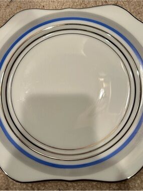 Meito Elegant White Porcelain salad Plate with Blue and Silver Trim 7 3/4